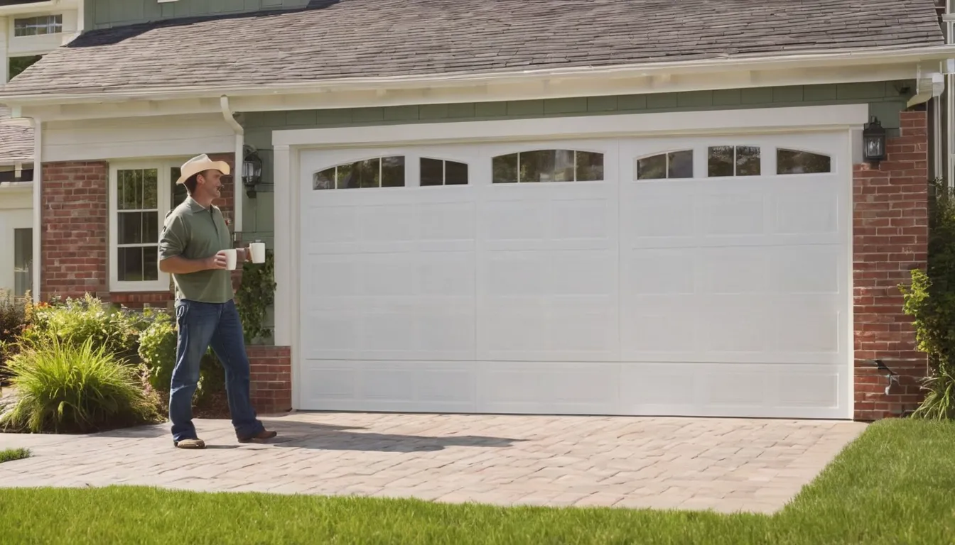 A provider fitting a new garage door on a brick home in Manvel while a homeowner looks on