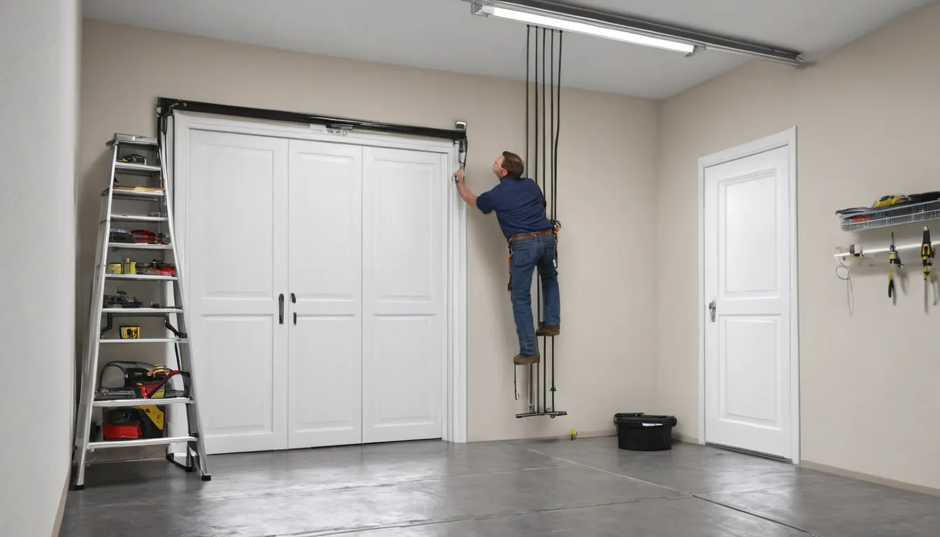A local provider checking a torsion spring above a garage door in Manvel