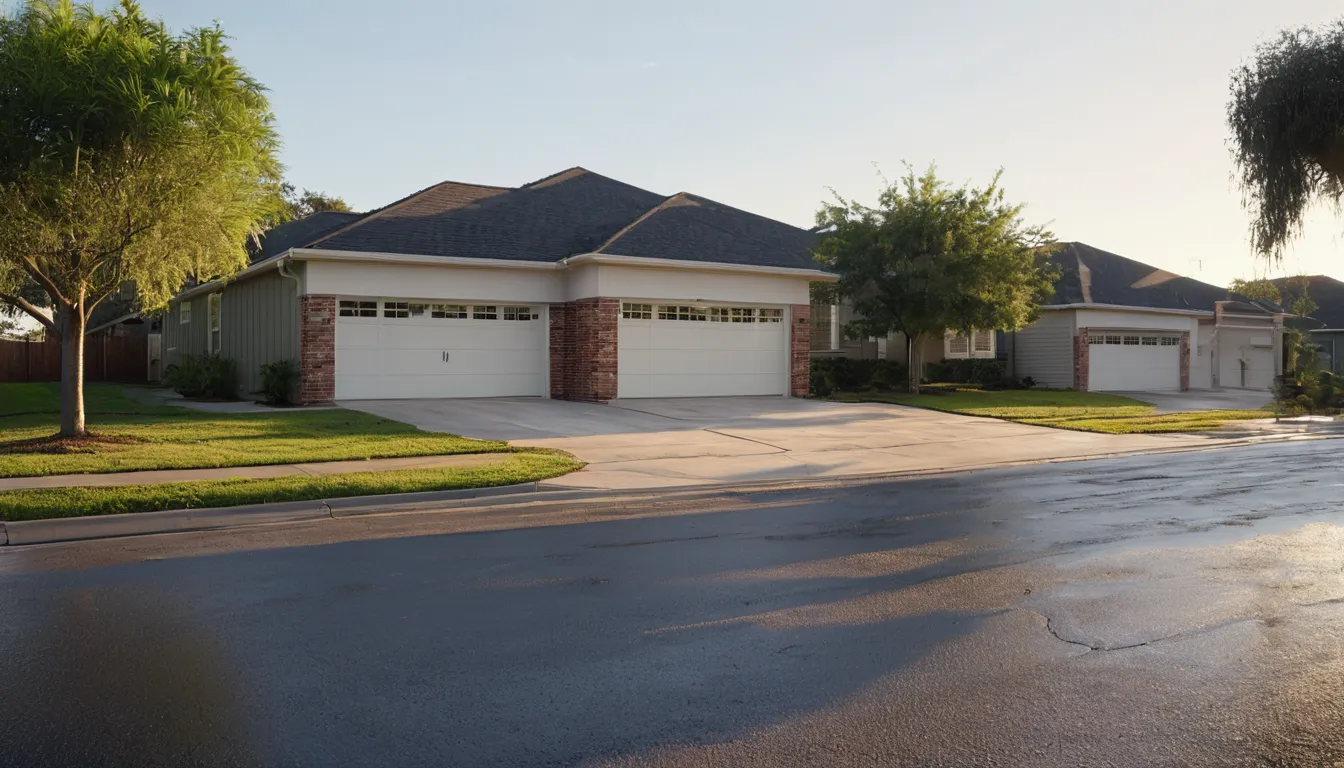 A neighborhood of ranch homes with garage doors in Manvel